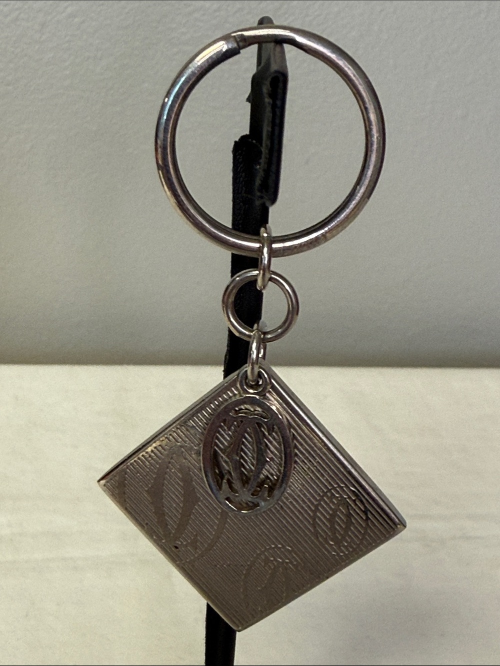 Cartier 2C Logo Silver Tone Key Ring Bag Charm Diamond Shape Monogram